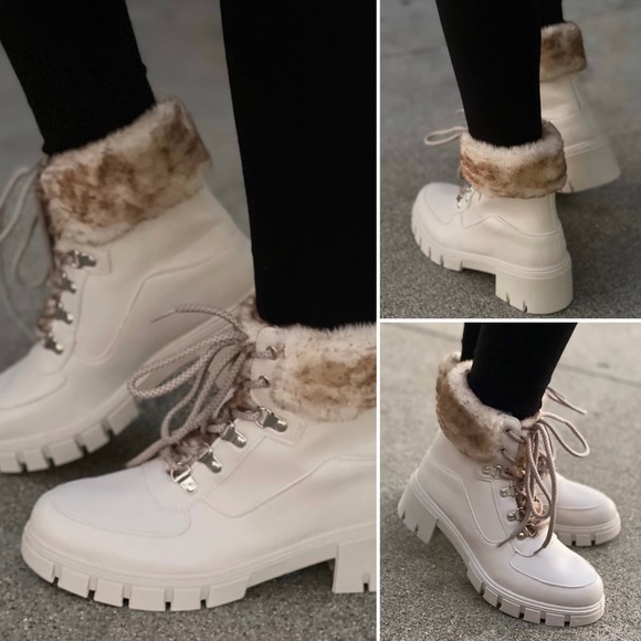 Bone Lace-up Combat boot with faux fur ankle cuff - Picture 2 of 16